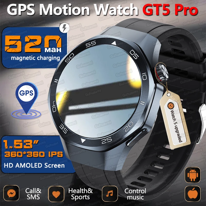 2025 ساعة أصلية جديدة GT5 Pro ساعة ذكية 1.53 بوصة HD AMOLED شاشة GPS مسار معدل ضربات القلب بلوتوث دعوة البوصلة ساعة ذكية للرجال