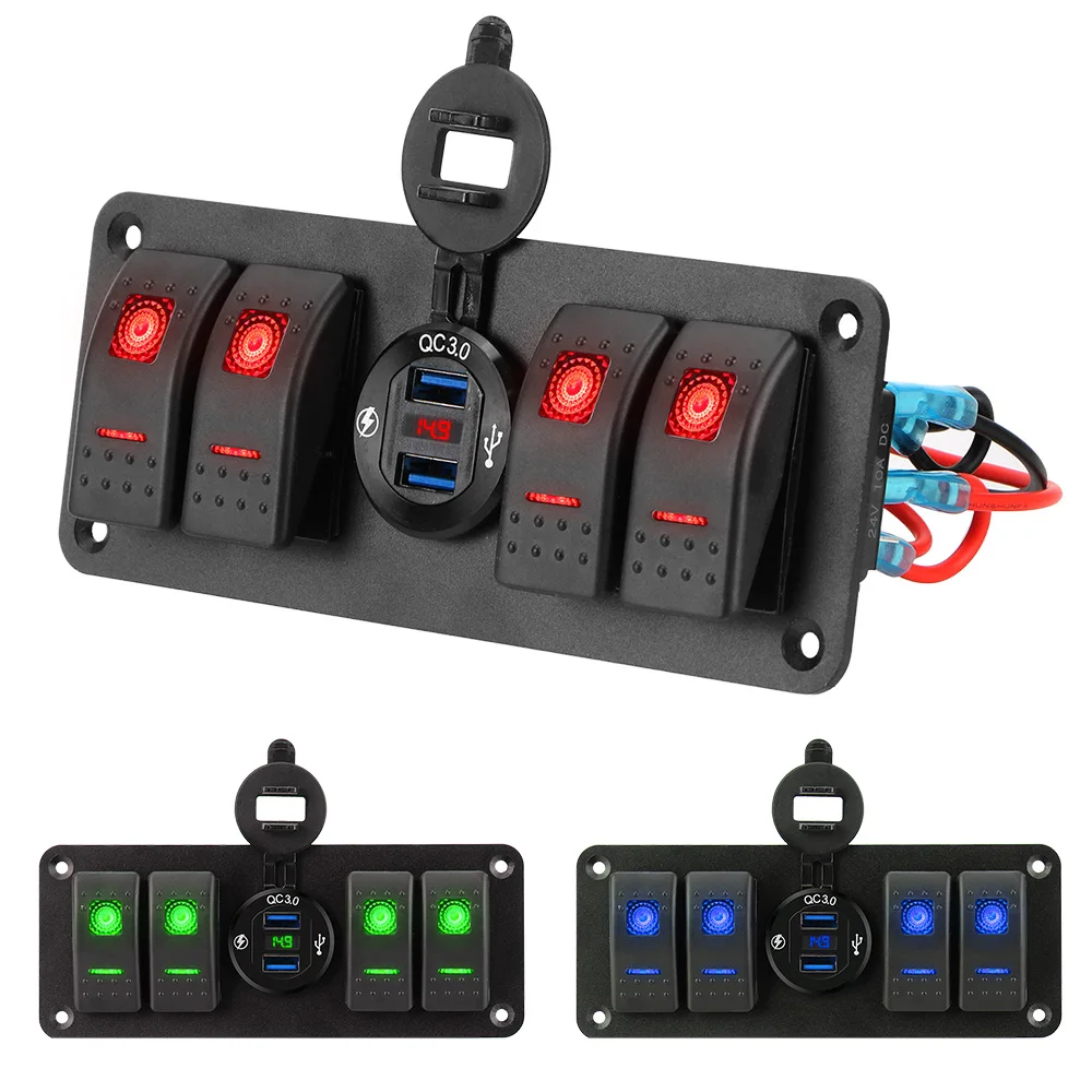 

LED Digital Voltmeter Marine Rocker Switch Panel 4 Gang Car Switch Panel 12~24V Circuit Control Waterproof
