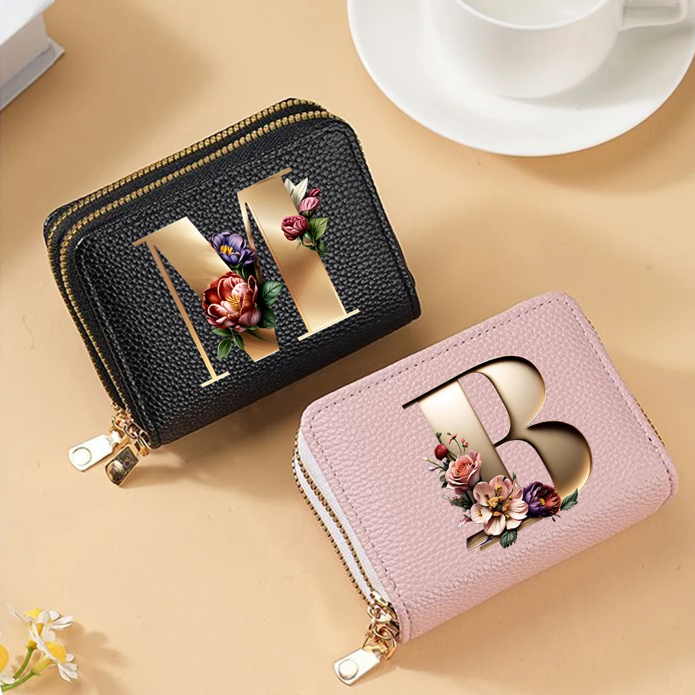 Flower A-Z Letter Women Credit Card Wallet Double Zipper Coin Purse RFID Multi-Card Holder Storage Bag Lightweight Wallet Gift