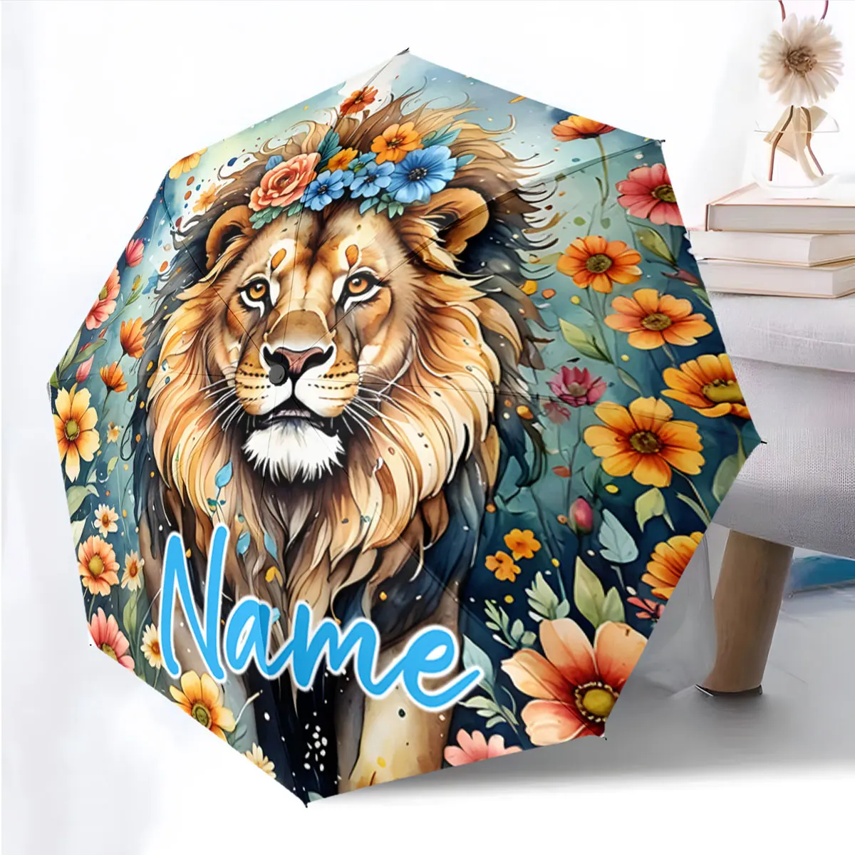 Custom Name Majestic Lion among Vibrant Blooms Umbrella Design Print 8 Iron Ribs Folding Umbrella Auto-Open Fashion Sunshade
