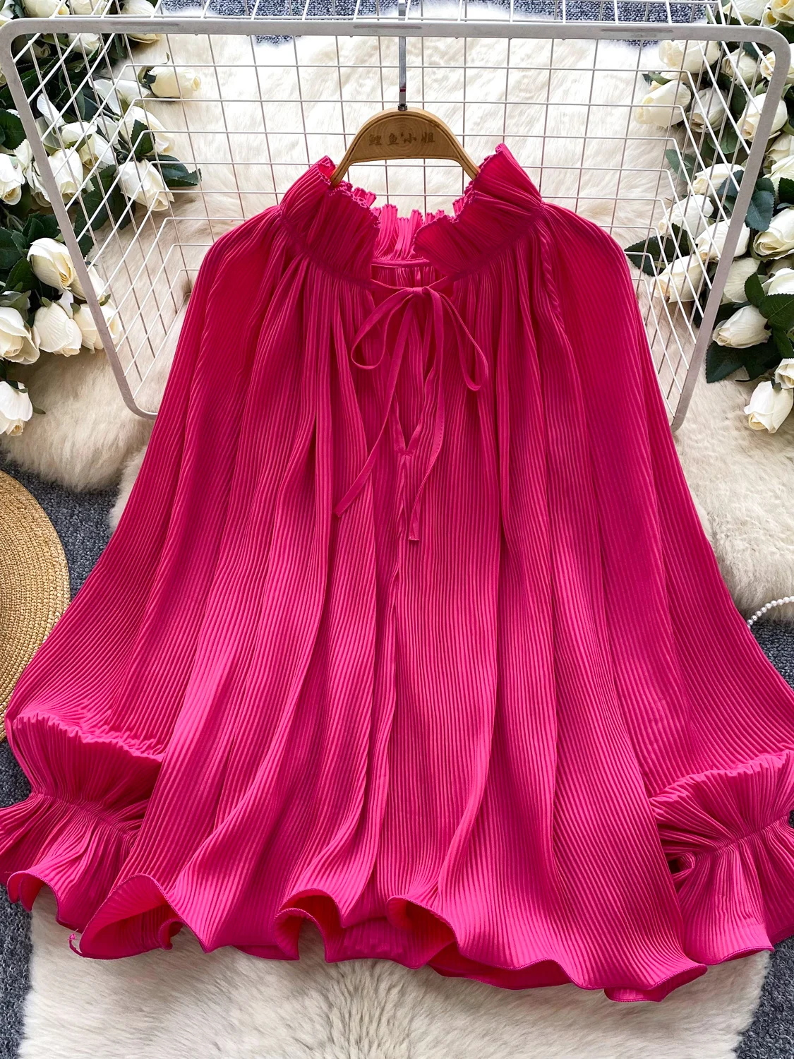 2026 New Autumn Women Elegant V-neck Long Sleeve Shirt Heavy Work Pleated Design Solid Color Loose Casual Ruffles Shirt Tops