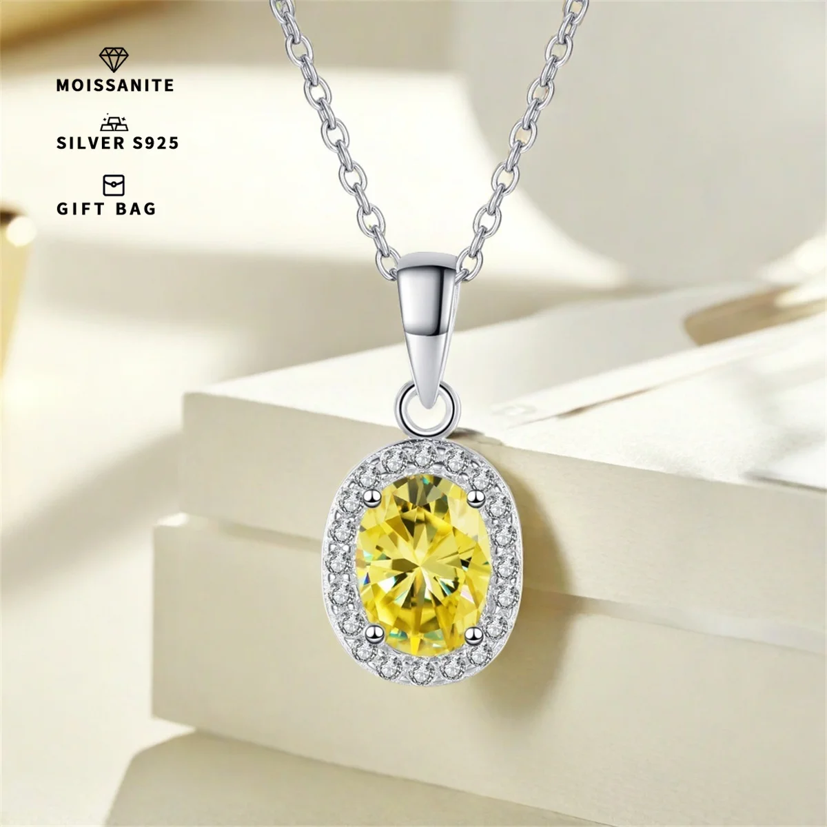 Lemon yellow GRA Moissanite Oval 5*7MM pendant, S925 sterling silver elegant fashion clavicle chain, Valentine's Day & Birthday