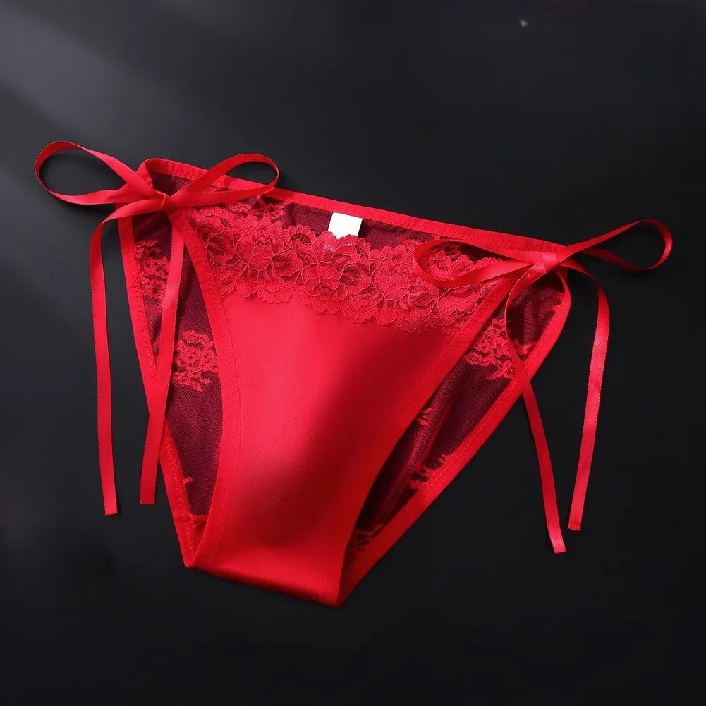 Men's Ice Silk Briefs With 3D Pouch And Bow Lace, Smooth Satin Mid-Waist Underpants, Breathable Solid Color Lingerie For Men