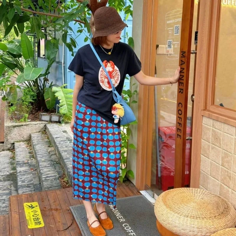 Women Miyake Style Pleated Skirt Summer High Waist Polka Dot Split Straight Midi Skirt S XL