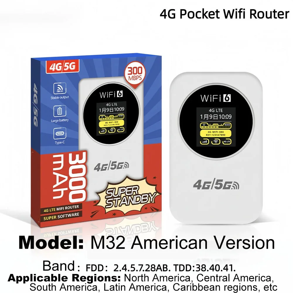 

Американский 4G LTE карманный Wi-Fi роутер 3000 мАч 150 Мбит/с, мобильная точка доступа с SIM-картой для Северной/Южной Америки и Карибского региона