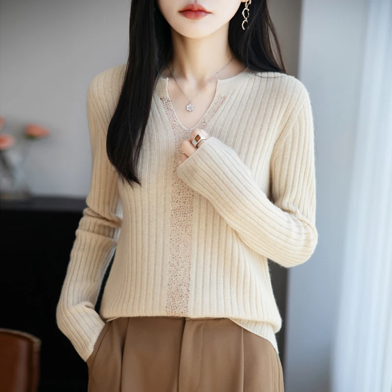 Jersey con cuello de tijeras para mujer, ropa nueva de otoño/invierno, Top de manga larga tejido de lana con proceso de diamante caliente de 100%