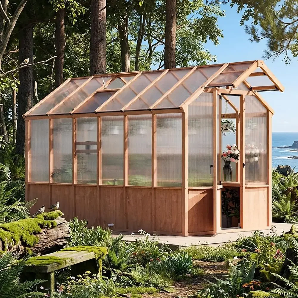 6.5x12 Foot Large Wooden Greenhouse with 8ft Height, Outdoor Faucet Kit, Shelves, Power Strip, and Ventilation