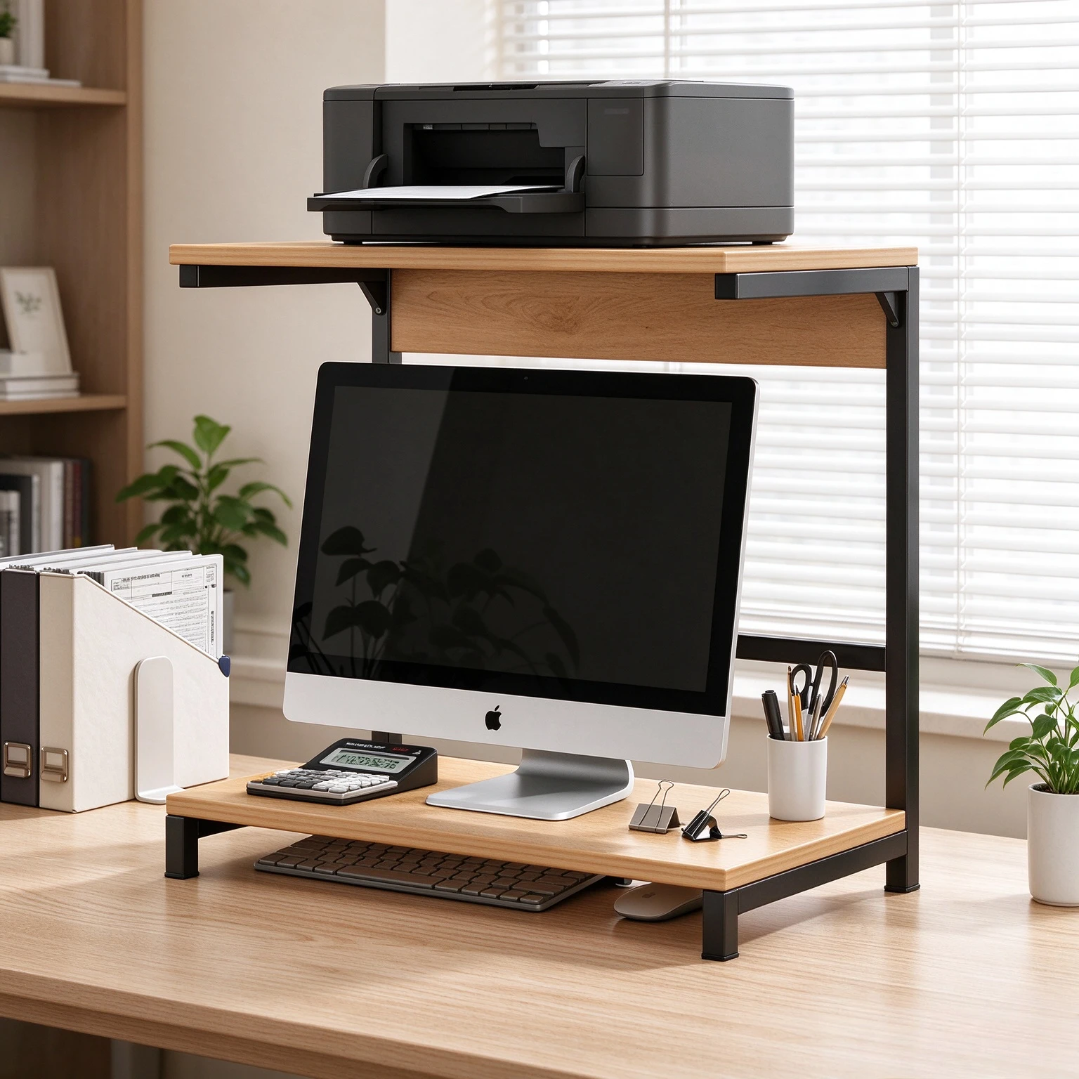 Two Tier Monitor Riser Shelf for Desk, C-Shaped Steel Frame, Deep Storage Space for Printer, Books, Office Supplies and Files