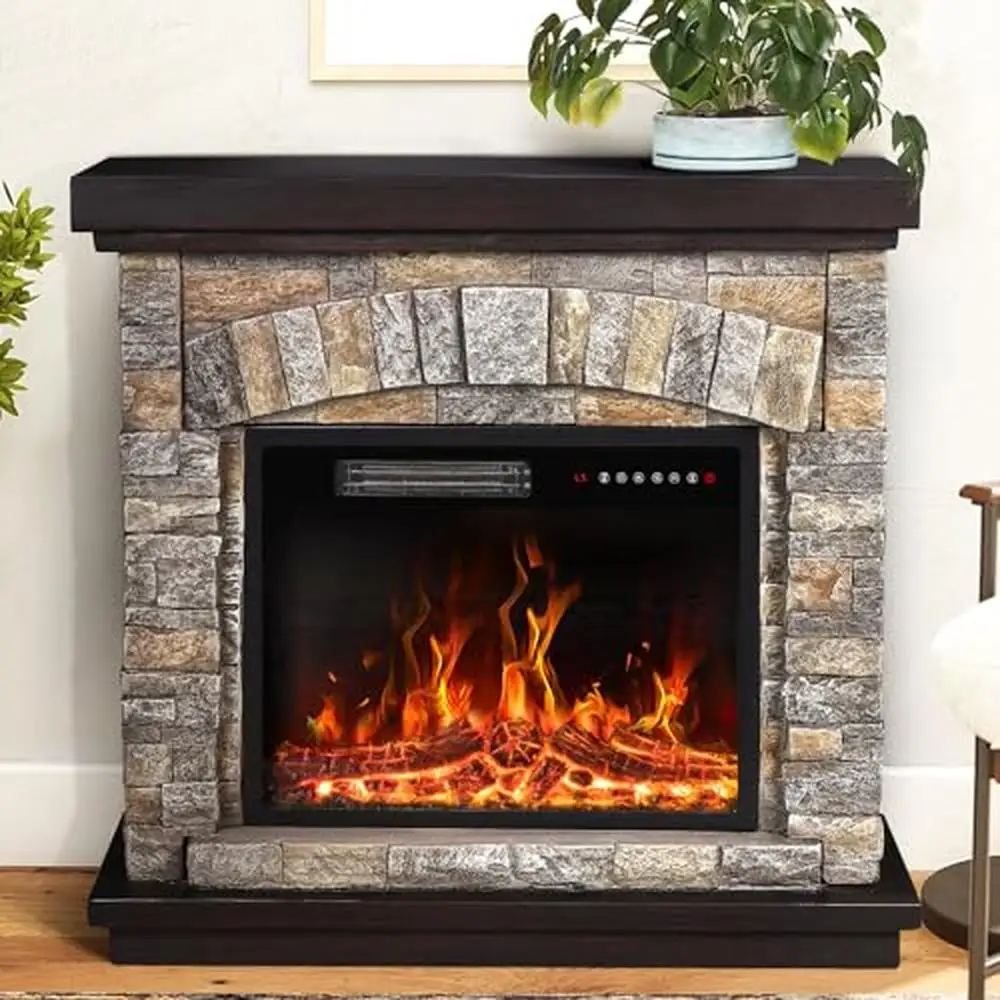 Electric Fireplace Mantel Heater Remote Control Realistic Flame Effect 3D Log Stone TV Stand 400 sq. ft. Heat Options ETL