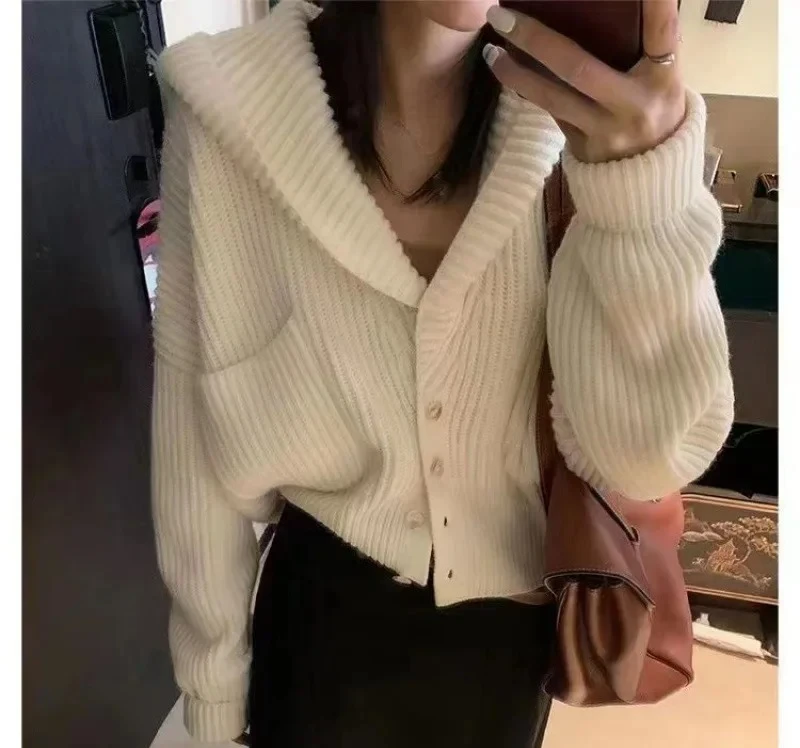 

Нежный короткий кардиган в ленивом стиле, свитер с открытой передней частью, пальто, женская трикотажная куртка с капюшоном, короткая свободная верхняя одежда, осенняя мода