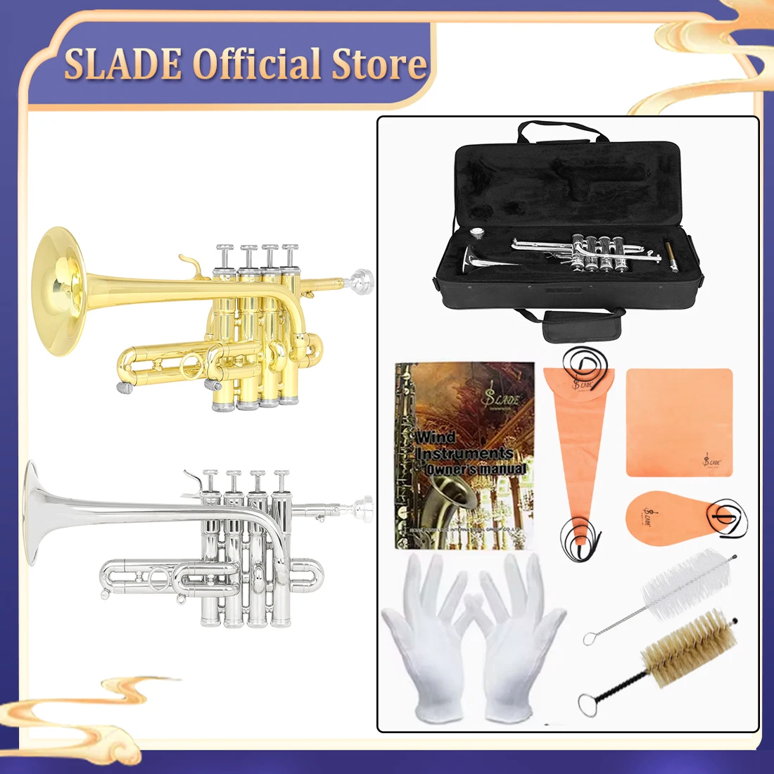 

SLADE High Trumpet Bb Professional Trumpet Brass Gold Silver Lacquer Surface Trumpet High Quality Monel Piston Trumpet with Part
