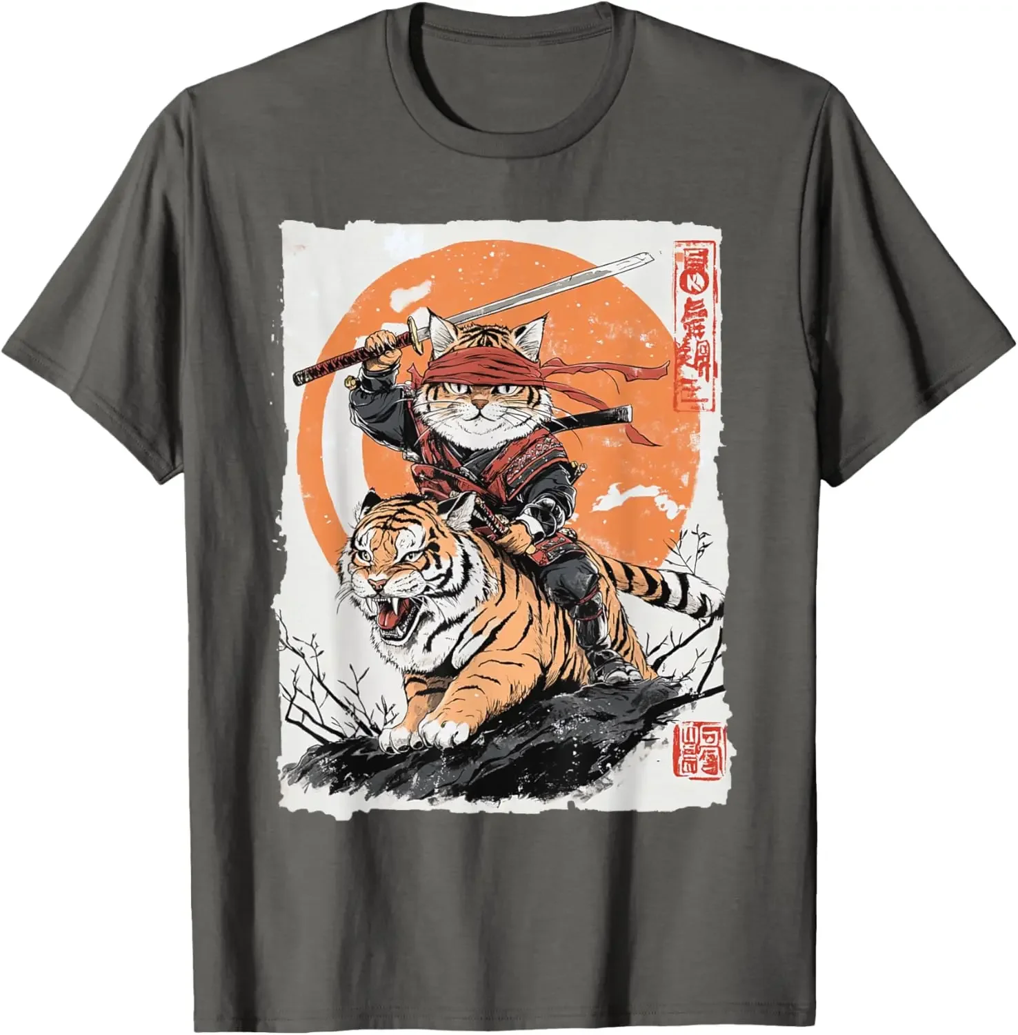 

Ninja Cat Riding Tiger Japanese Samurai Graphic T-Shirt Cool Cotton Crew Neck Tee for Men