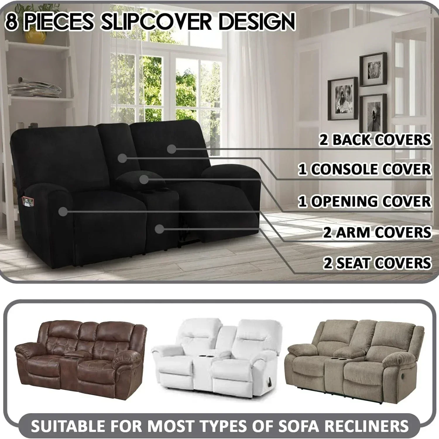 Recliner Sofa Cover Loveseat with Middle Console Slipcover 8-Piece Thick Soft Velvet Stretch Sofa Covers 2 seater Washable