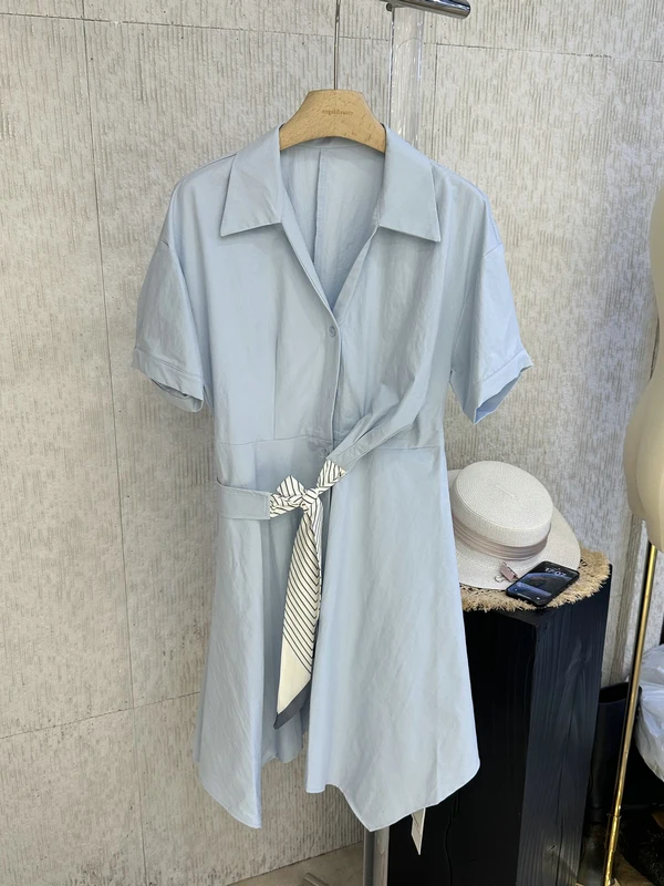 

Korean OL Style Shirt Dress Waist Cinched Side Tie Striped Commute Tea Break Skirt Women Fashionable Spring Summer Dress