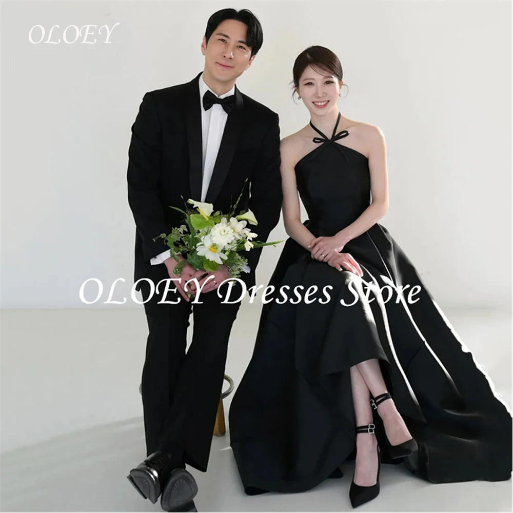 OLOEY Simple Halter Neck Black Korea Wedding Dresses Photos Shoot Customized Draped Satin Sleeveless Backless Bridal Party Gown