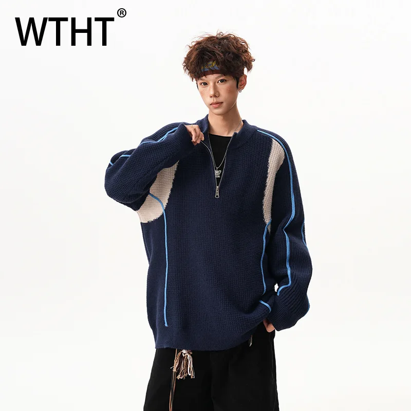 

WTHT модные мужские повседневные футболки в контрастную полоску, модные вязаные свободные топы с длинными рукавами, мужские осень 2023, 2A1998