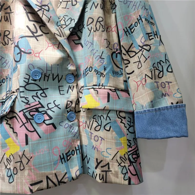 Veste de costume à carreaux avec lettres Graffiti imprimées, couleur contrastée, Cowboy, Patchwork, col cranté, manches longues, manteau blazer féminin