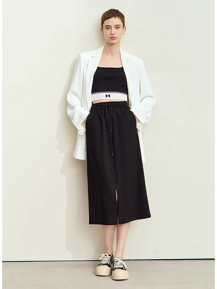 Amii Minimalism 2024 Autumn New Skirts for Women Casual Drawstring Tie Split Leather Decorative Midi Basic Lady Skirt 12423006