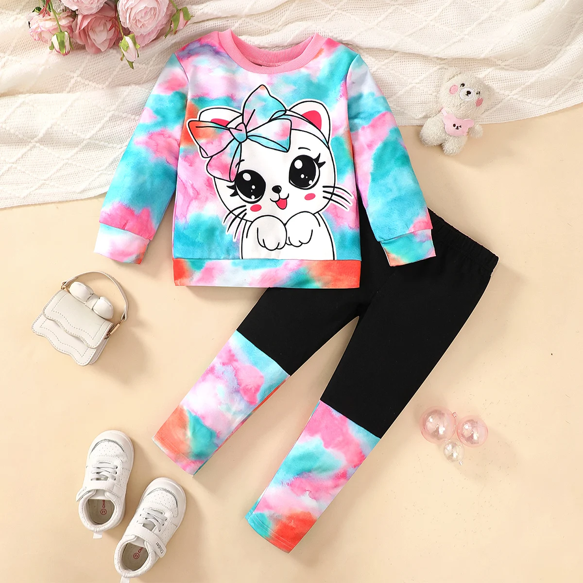 4-7 Jahre Mädchen-Set, Rundhals, Cartoon, süßes Kätzchen, Batikmuster, Langarmshirt + lange Hose, 2-teiliges Set, Mädchen-Frühlings- und Herbstmode-Set