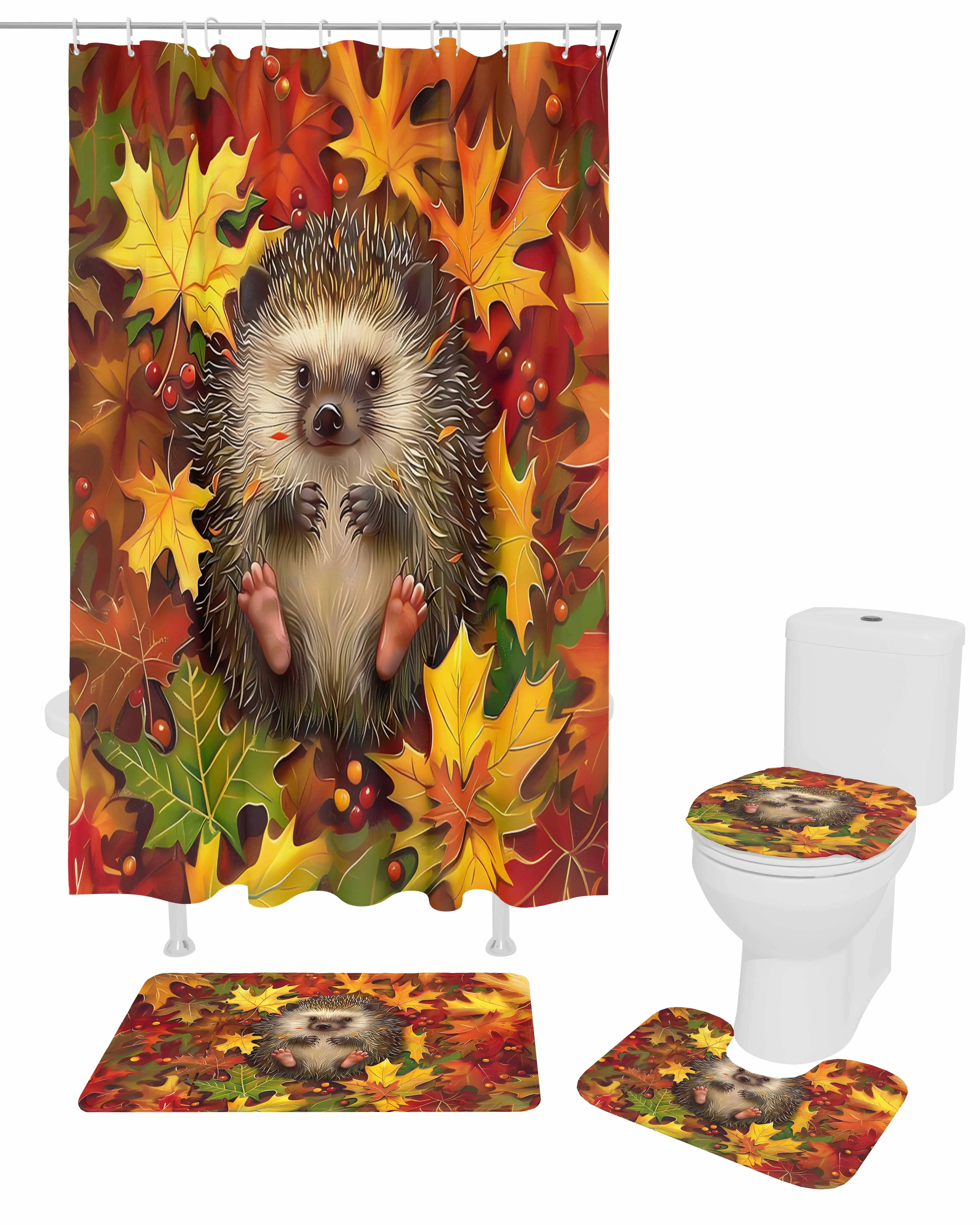 Autumn Maple Leaf Hedgehog Shower Curtain Set Non-Slip Rugs Bath Mat Toilet Lid Cover Waterproof Bathroom Curtain