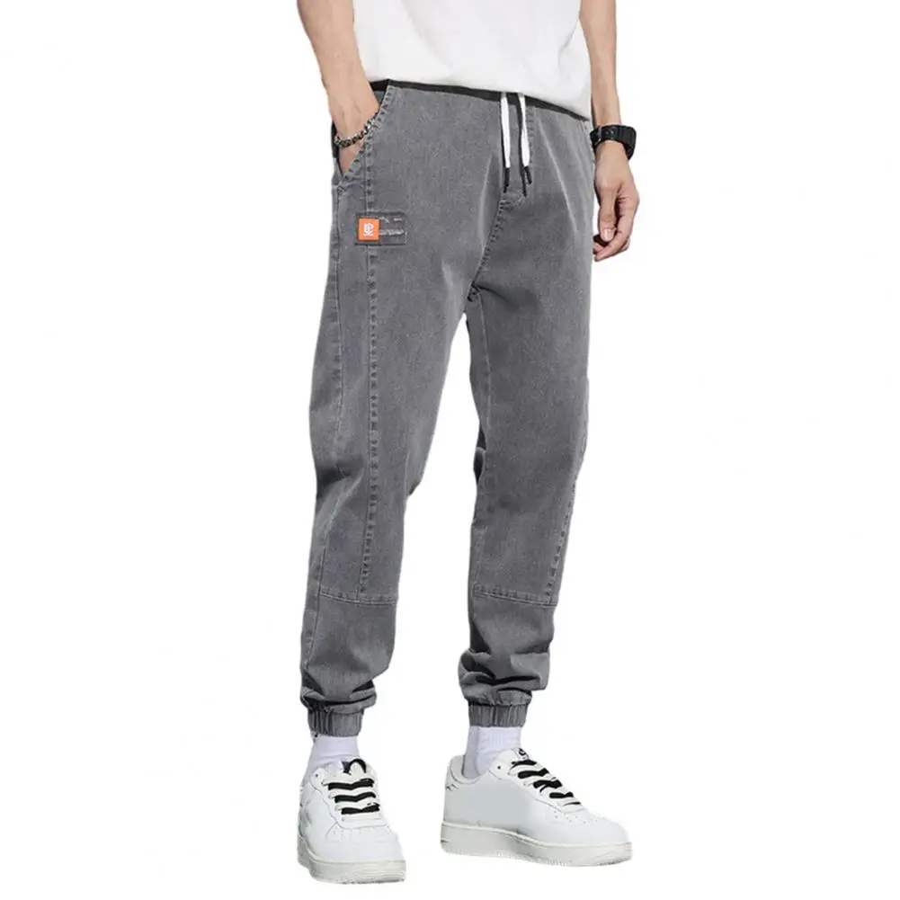 

Men Patch Tabs Trousers with Ankle-banded Drawstring Waist Warm Loose Cargo Pants for Fall