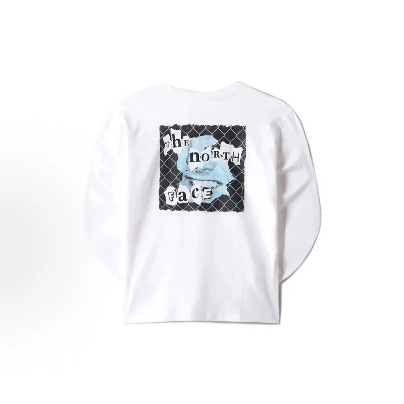 The North Side Men's comfortable, breathable, letter-printed retro round-neck long-sleeved T-shirt in white