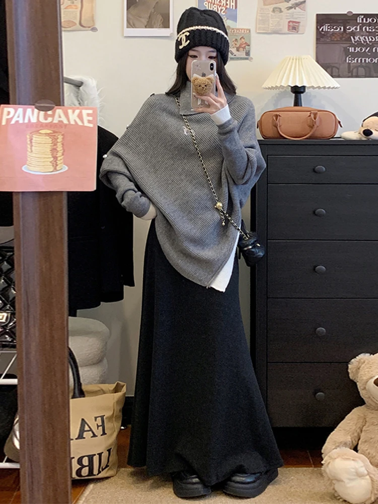 

Elegant High Neck Sweater And Skirt Set Women's Fashion Loose Fit Winter Outfit Quality Knitted Half Body Skirt Ensemble