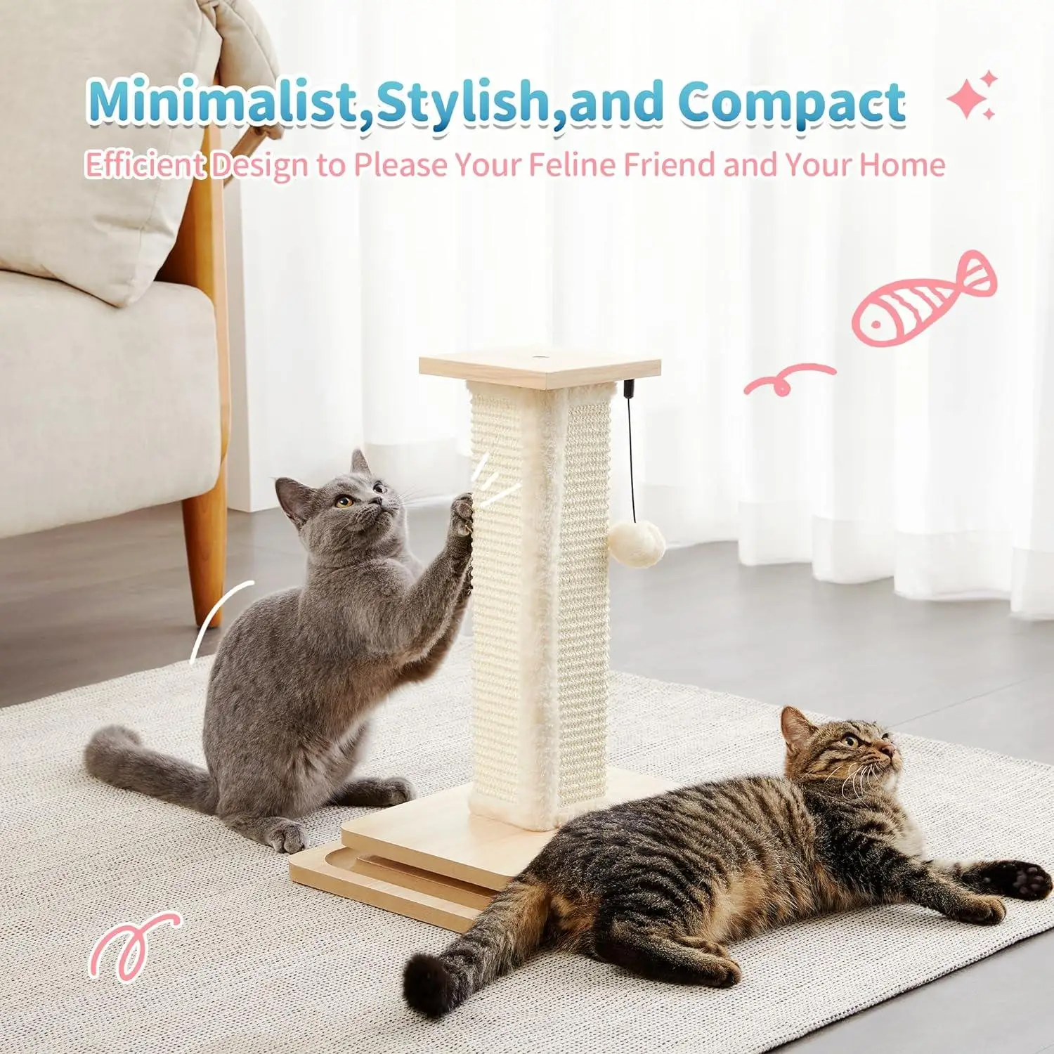 Rascador para gatos con sisal natural, peluche y pelota colgante - imagen 4