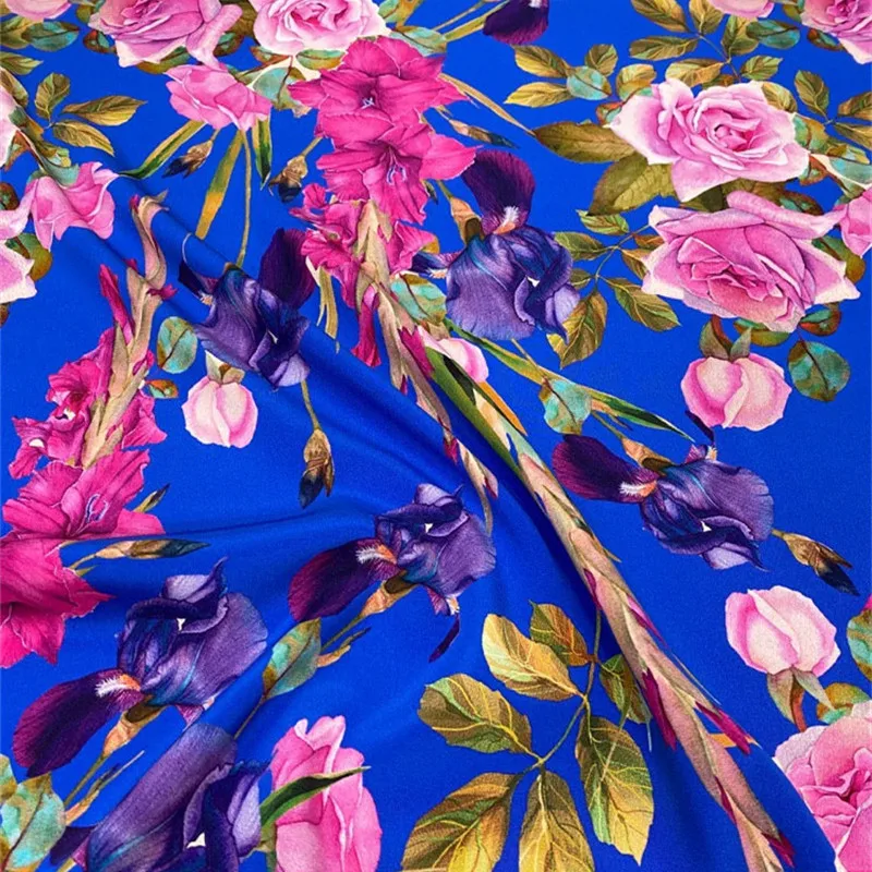 Heavy Crepe 30 Momme Pure Silk Fabric Elegant Blue Bottom Flower Print Wrinkle Resistant and Non Ironing High End Dress Fabric