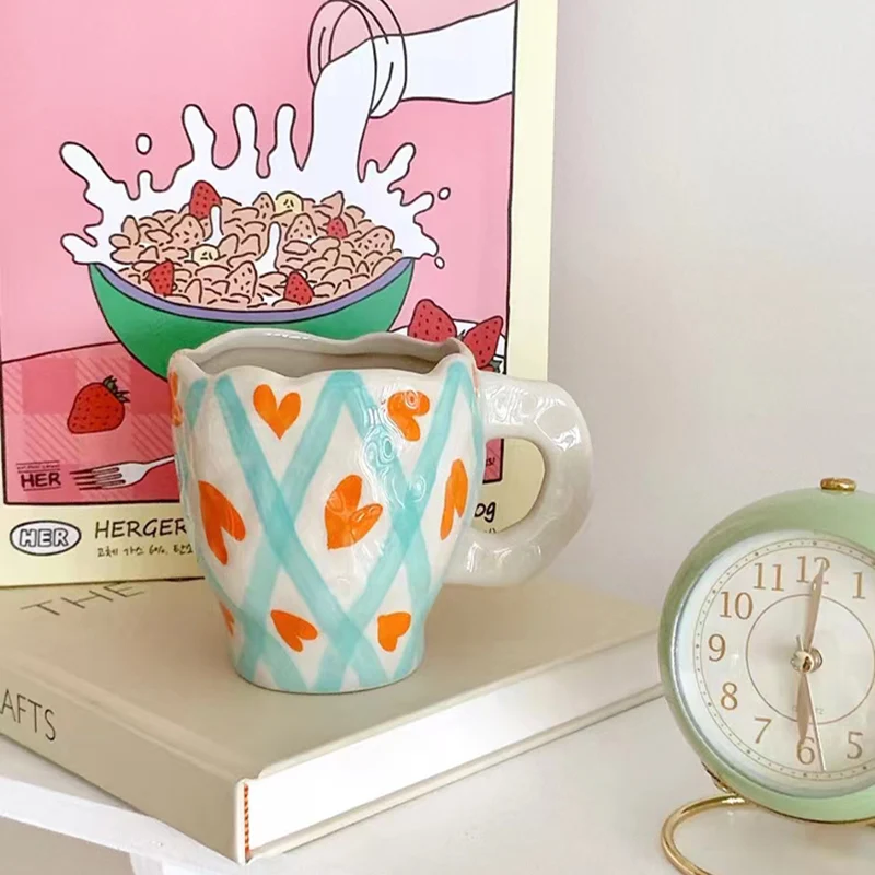 Hand-Painted Coffee Cups Ceramic Mug With Saucer Handle Colorful Delicate Design Home Decoration Garden Style Flower Elements