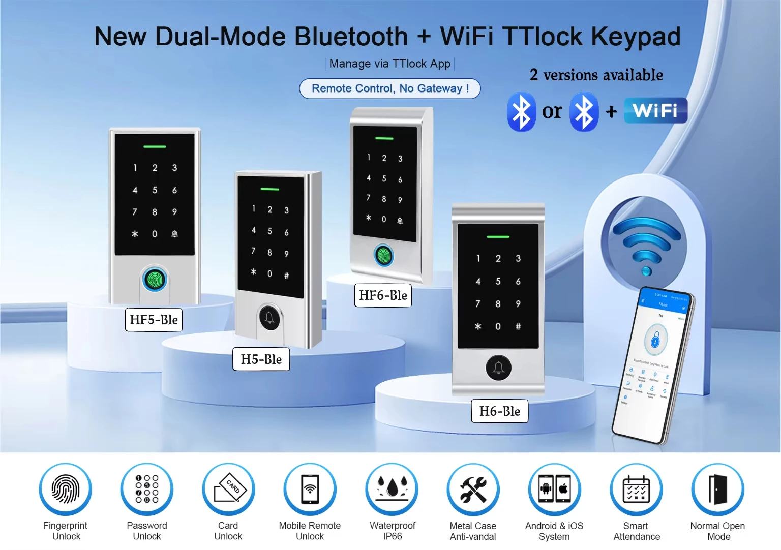 Waterproof Outdoor Use Ble WiFi TTlock App Smart PIN Keyboard RFID 13.56MHz IC Card Reader Access Control System