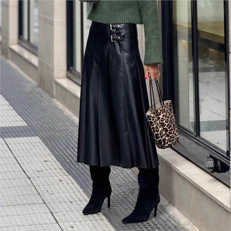 

Black Women's Fashion A-line Pleated PU Leather Half Skirt Spring Autumn Big Swing Waist Leather Faldas Para Mujeres Ropa Mujer