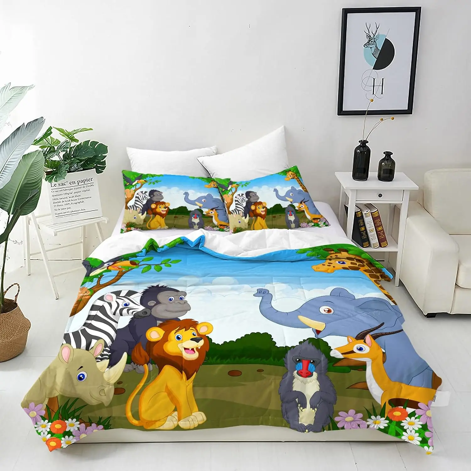 Jungle Safari Cartoon Animal Duvet Cover Set Single Size Lion Giraffe Elephant Zebra Bedding Set With 1 Pillowcase