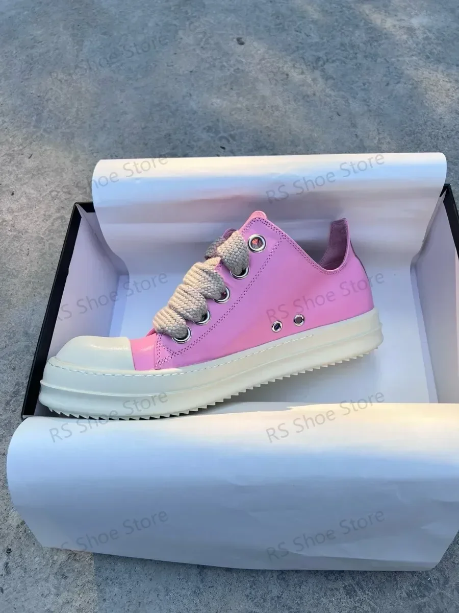 

Ro Men Sneakers Pink Leather Low Top Shoe Jumbo Laces Women Sneaker Casual Shoes Classic Design Thick Sole Flat Shoes