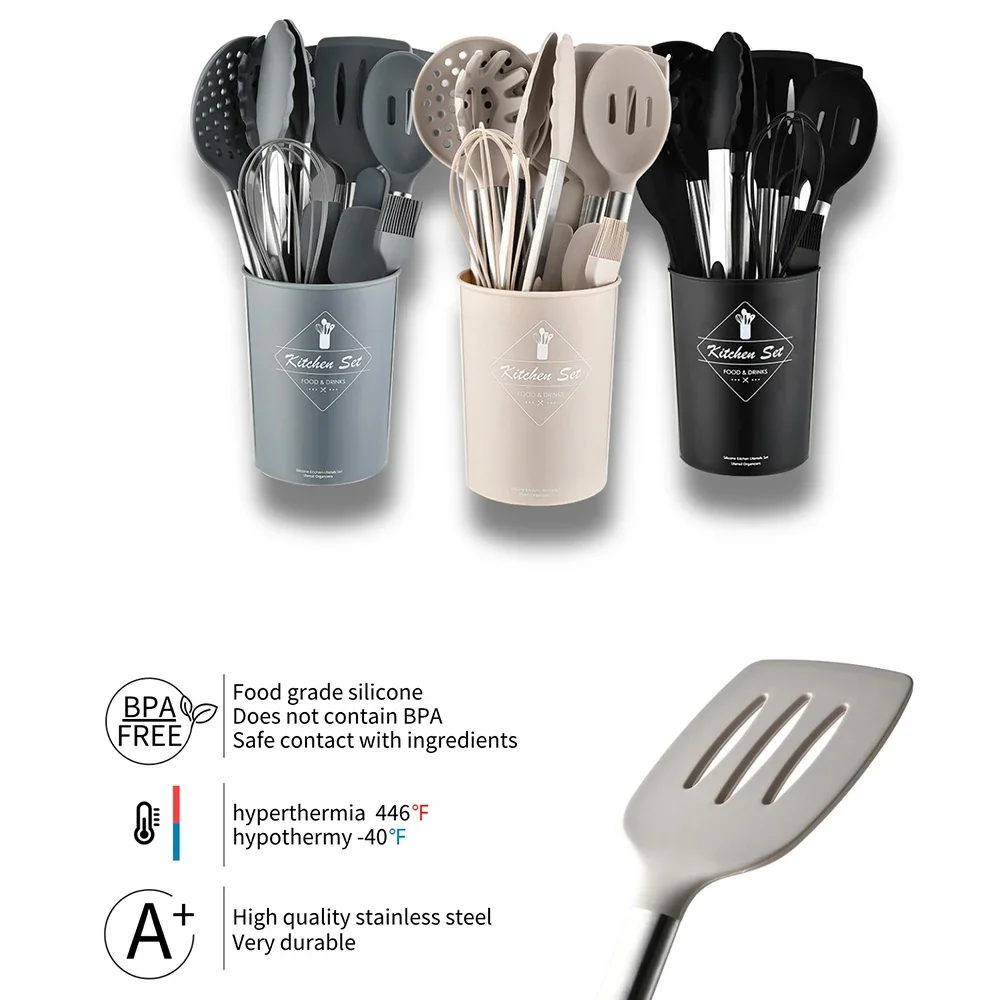 15Pcs Black Silicone Kitchen Utensils Set Non-Stick Cookware Stainless Steel Handle Spatula Egg Beaters Kitchenware Accessories
