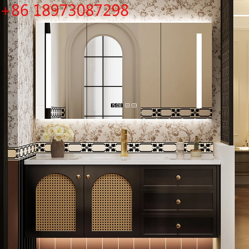 

French vintage rattan oak bathroom cabinet combination ceramic vanity