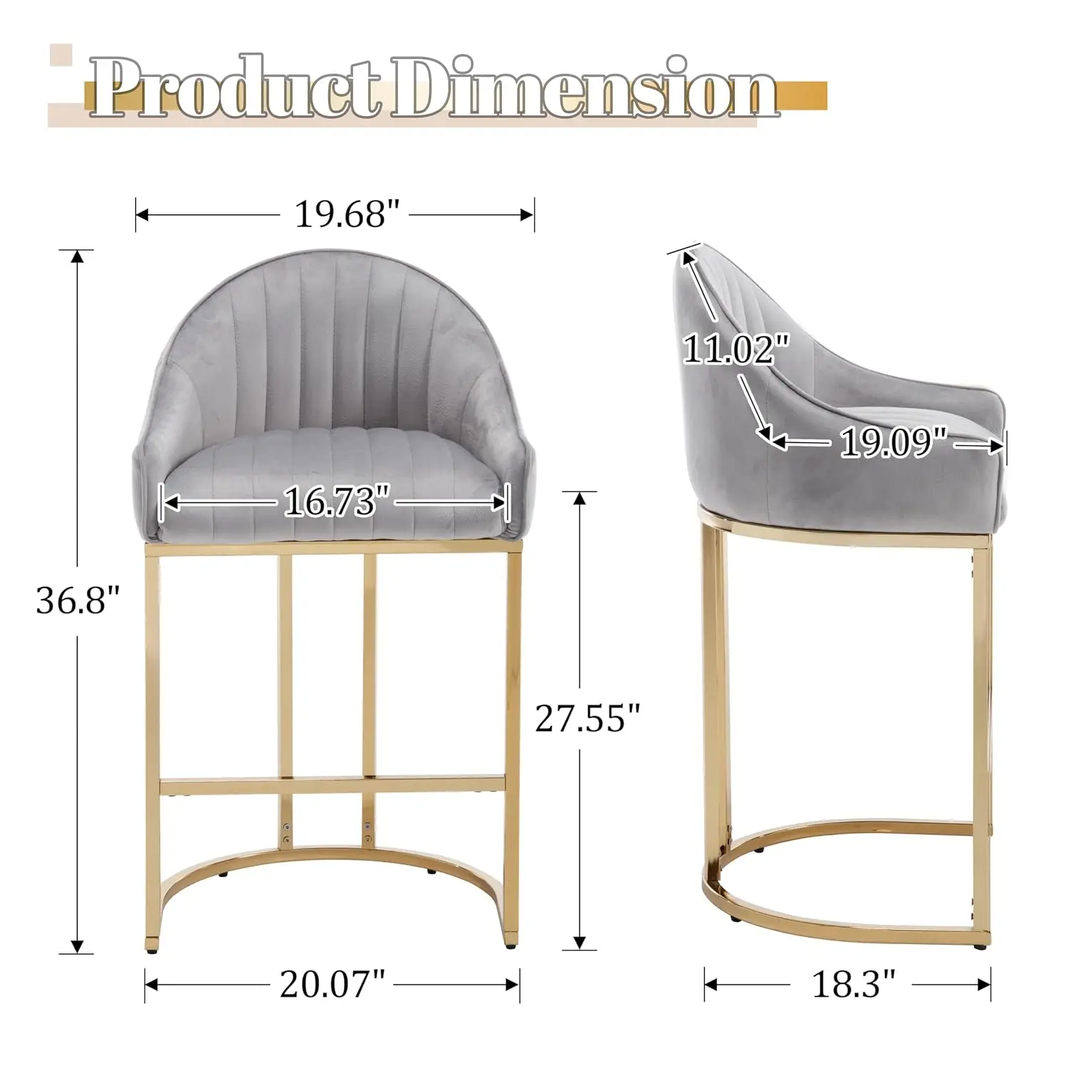 Counter Height Bar Stools Set of 2 Modern Barrel Shell Back Chrome Metal Base 27.5" H Grey Golden Base, Customized - view 3