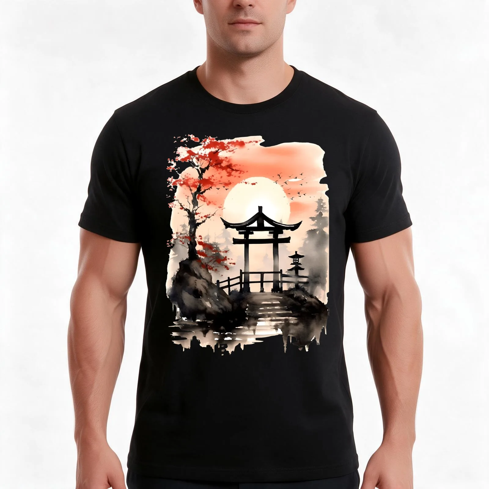 Japanese Torii Gate T-Shirt, Summer Casual Cotton Tee, Oversized Streetwear Tops, Vintage Graphic Print, Loose Fit Short Sleeve