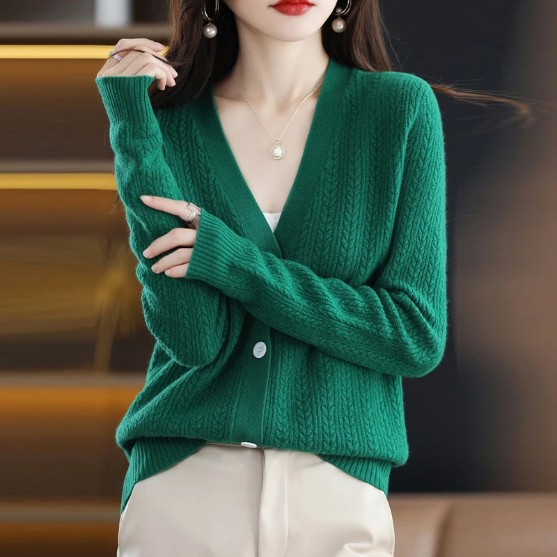 

Women Spring Autumn Cardigan Long Sleeve Sweater Vintage V-neck Knitted Jacket Casual Lady Warm Cashmere Sweater Coat