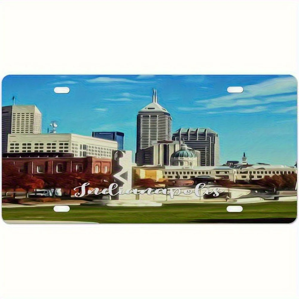 1pc Indianapolis Cityscape License Plate - 15.24x30.48 cm A2 Size Aluminum Frame with Vivid Indianapolis Skyline, Waterproof Ind