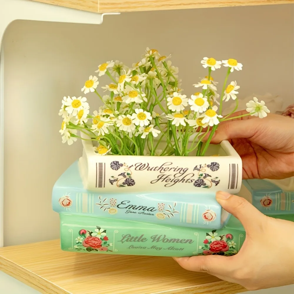 3 Tier Stacked Books Ceramic Vase Vintage Book Shaped Flower Pot Creative Unique Home Decor Planter for Bookshelf Living Room - view 3