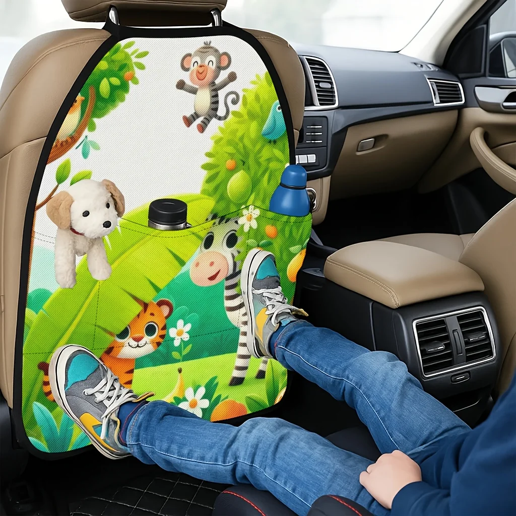 2pcs 2D Printed Car Seat Back Protector - Forest Animals Playing Joyfully Themed Printed Car Seat Back Protector - Kick Mat, Eas