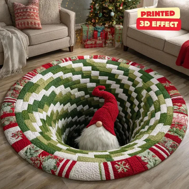 Vintage Christmas 3D Optical Illusion Round Rug, Vortex Hole Print Mat, Gnome & Gift Santa Pattern for Bedroom Fireplace