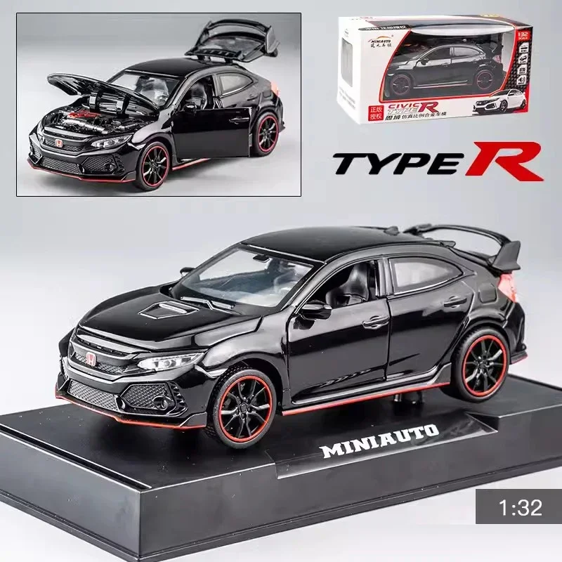 Nowy model samochodu ze stopu aluminium Honda Civic Type R 1:32 Symulowany dźwięk i światło Zabawkowy samochód Metal Toy Boy Collection Ozdoba Prezent