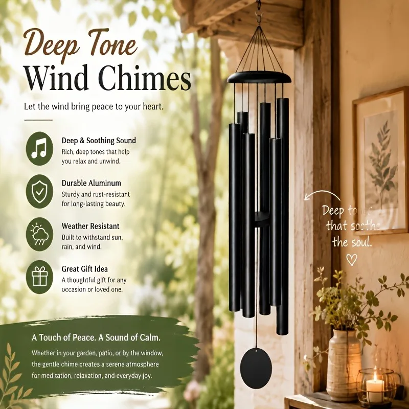 45-Inch Outdoor Wind Chime – Precision-Tuned, Extra-Large Handcrafted Design, Deep Tones – Suitable for Courtyards, Backyards, Gardens, and Outdoor Decor (Black)