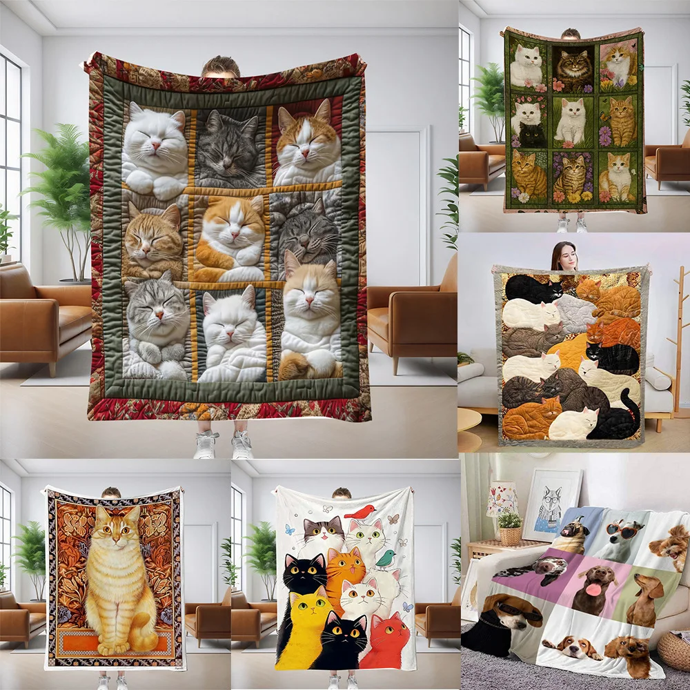 New Cat and Puppy Sofa Blanket Single-sided Digital Printing Air Conditioner Blanket Thickened Flannel Blanket Gift Gift
