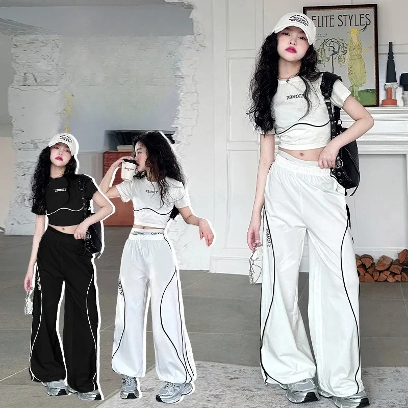 

Комплект одежды для уличных танцев в стиле хип-хоп, джаз, хлопковая короткая футболка + повседневные спортивные штаны, костюм из 2 предметов, детская одежда для детей 4–14 лет