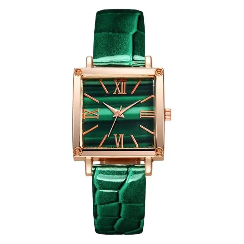 6PCS Green Women's Watch Set Fashion Trend Simple Rectangular Dial Quartz Watch Bracelet Necklace Earrings Set Perfect Gift