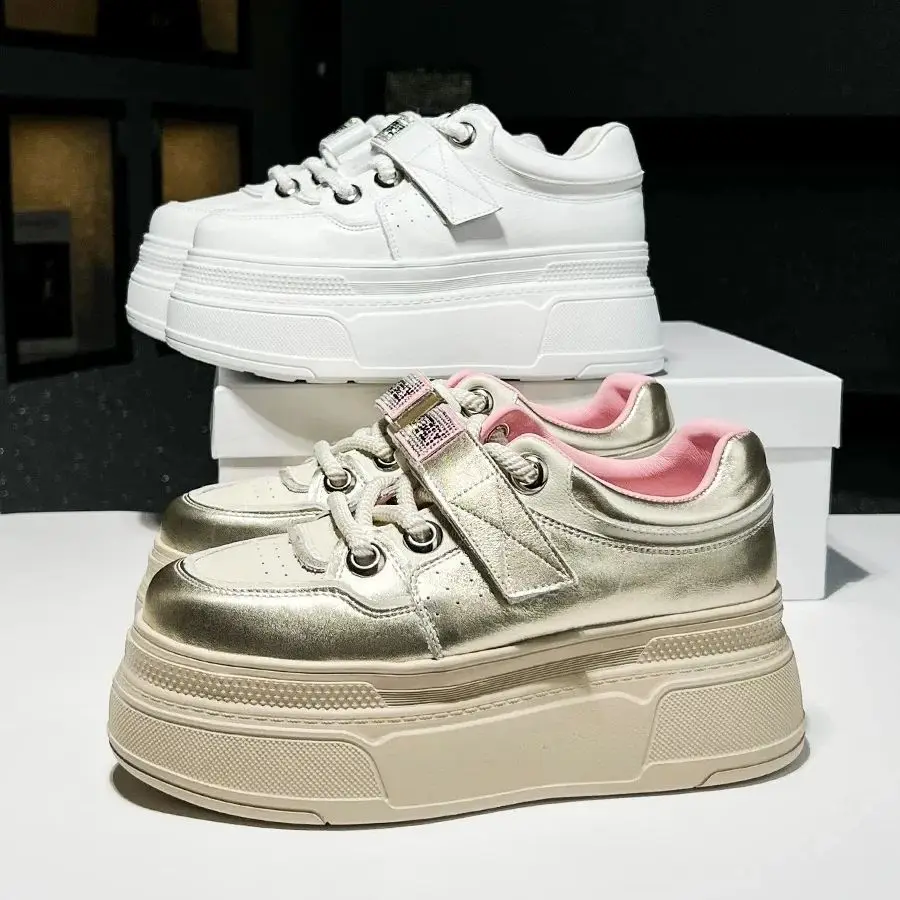 8/10/12cm Women Chunky Sneakers Real Leather Platform Thick Bottom Shoes Height Increase Casual High Heels Gold Luxury vulcanize