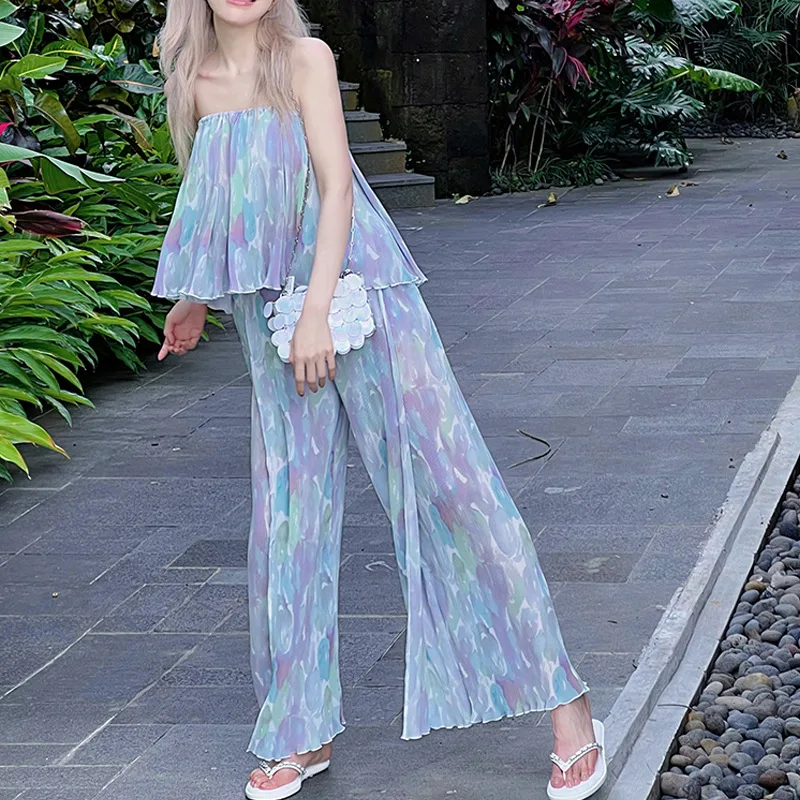 2pcs Women Chiffon Sets Contrast Color Spaghetti Strap Tank Tops+Embossing Pleated Ankle Length Wide Leg Trousers Female Suit